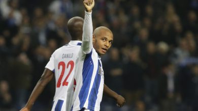 FC Porto’s Yacine Brahimi celebrates scoring their third goal with team mates